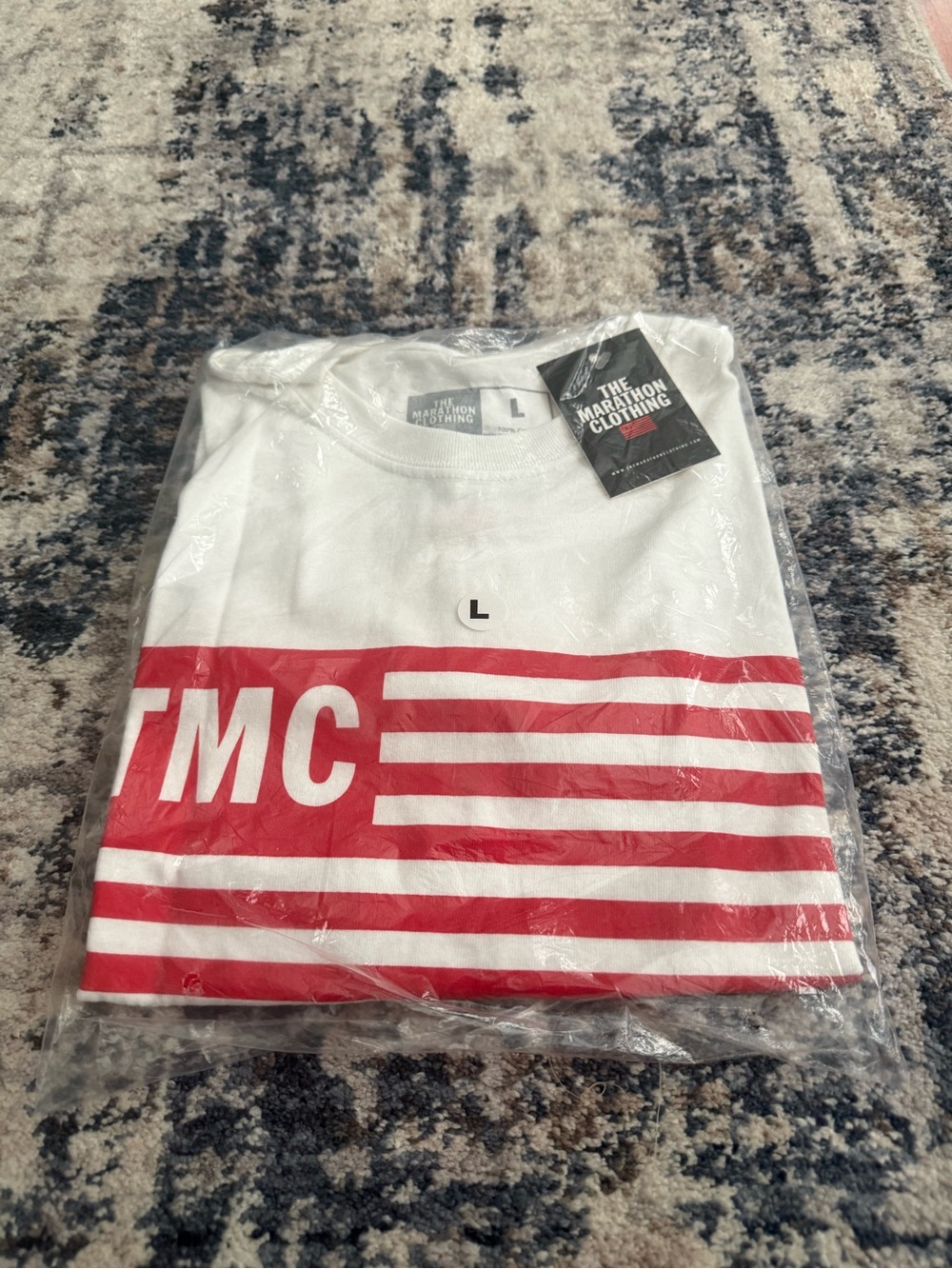The Marathon Clothing White Tee with Red TMC Stripes Size L